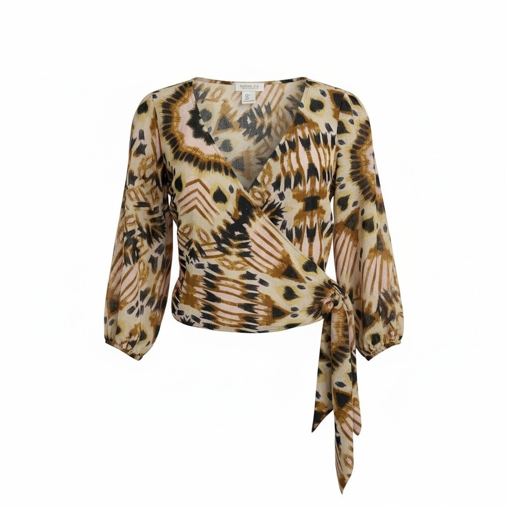 Rachel Zoe Boho Ikat Animal Print Wrap Crop Top Balloon Sleeve Women Small NWT